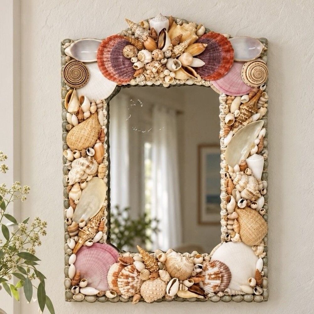 Handmade Seashell Wall Mirror 14x10 Coastal Beach Cottage Shell Art